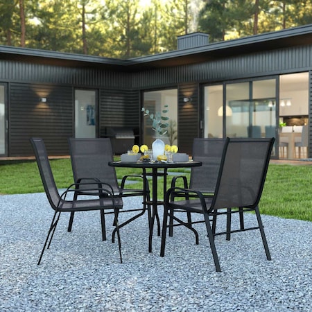 Flash Furniture 5PC Patio Set-31.5RD Glass Table, 4 Black Chairs TLH-0702303C-GG